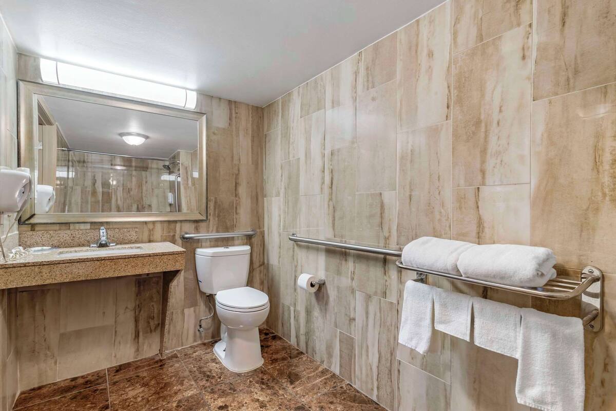 Un baño con inodoro, lavamanos, espejo, toallero y paredes de mármol.