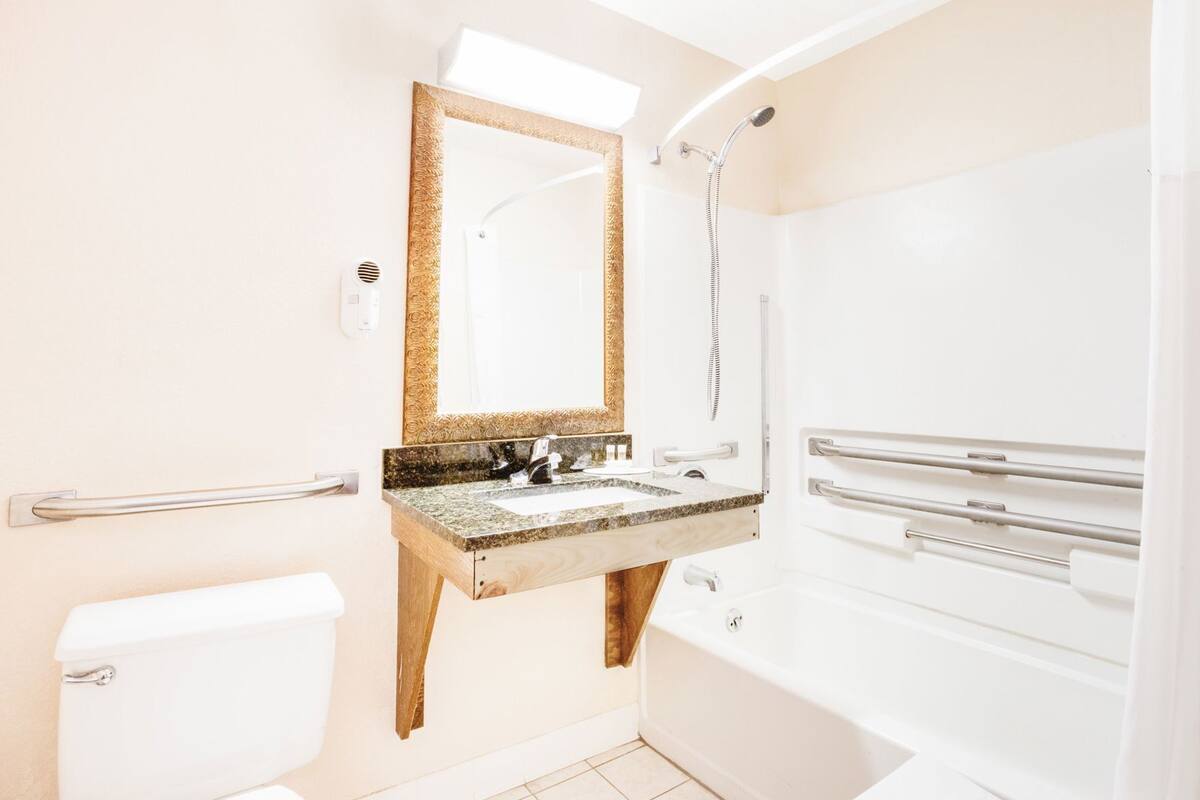 Une salle de bain équipée de toilettes, d’un lavabo, d’un miroir, d’une douche et de barres d’appui.