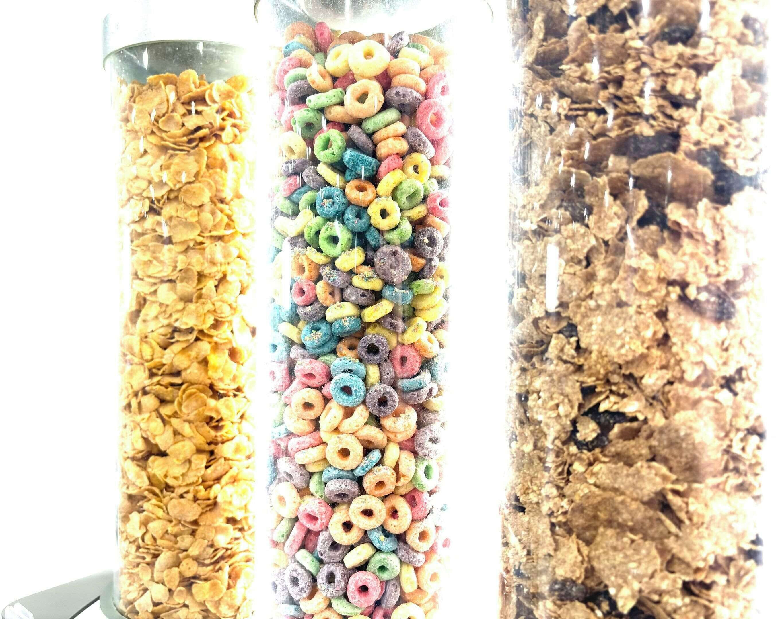 Three containers of different cereals.