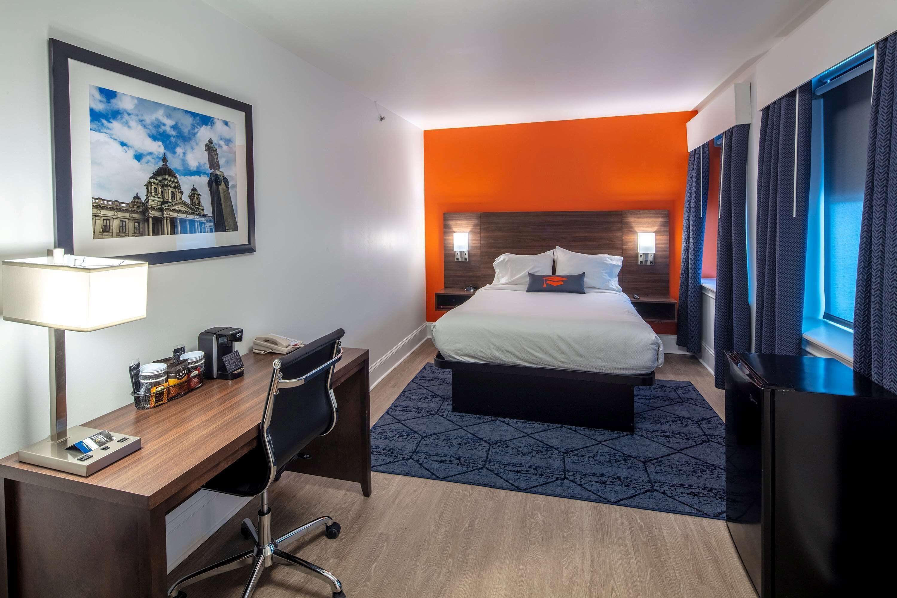 Hypo-allergenic bedding, pillowtop beds, desk, laptop workspace