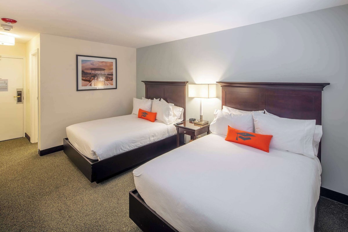 Habitación de hotel con dos camas, cada una con ropa blanca y almohadas naranjas. Hay un cuadro en la pared y una mesita de noche con una lámpara entre las camas.
