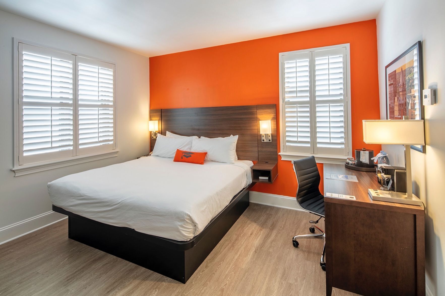 Hypo-allergenic bedding, pillowtop beds, desk, laptop workspace