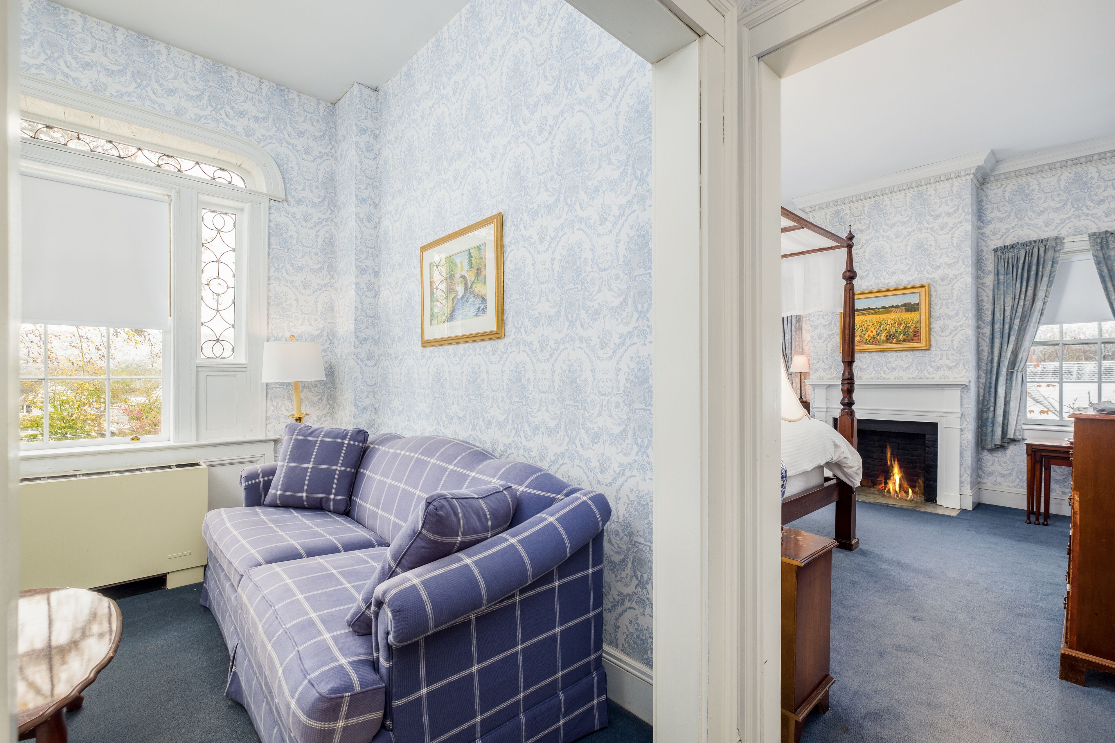 A room with a checkered sofa, a fireplace, a bed with a canopy, and a window with a view of trees.
