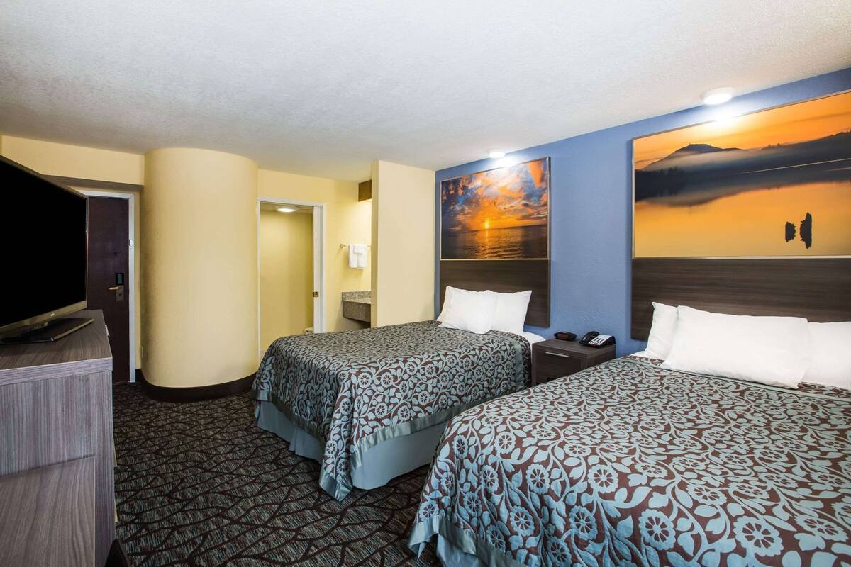A hotel room with two beds, a TV, a painting of a sunset, and a carpeted floor.