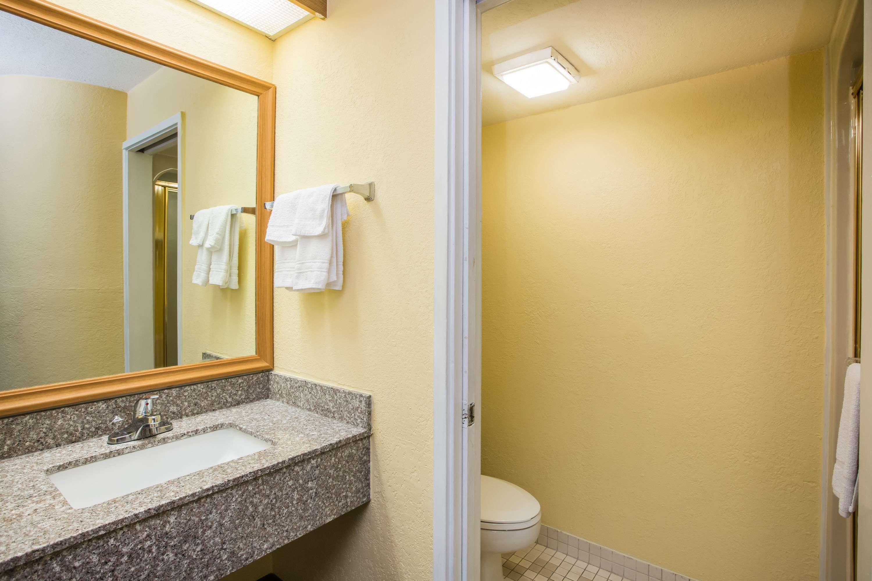 Un baño con lavamanos de encimera de granito, un espejo y un inodoro.