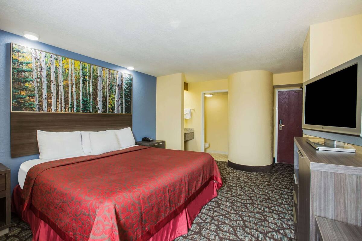 A hotel room with a large bed, a television, a painting of trees, and a bathroom visible through an open door.