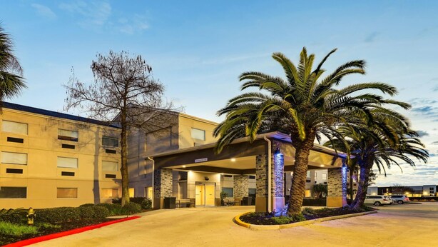 A hotel entrance with a covered walkway, palm trees, and a parking lot.