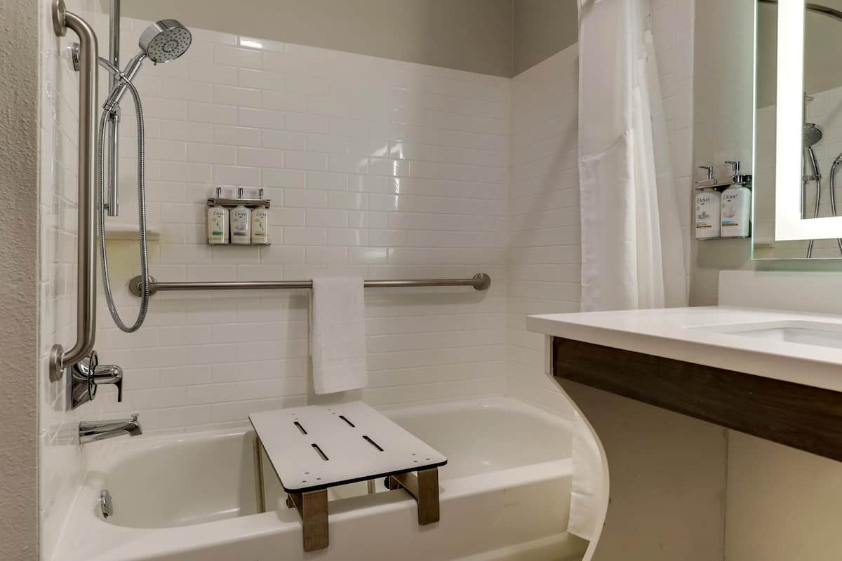 combined shower/bathtub, free toiletries, hair dryer, towels
