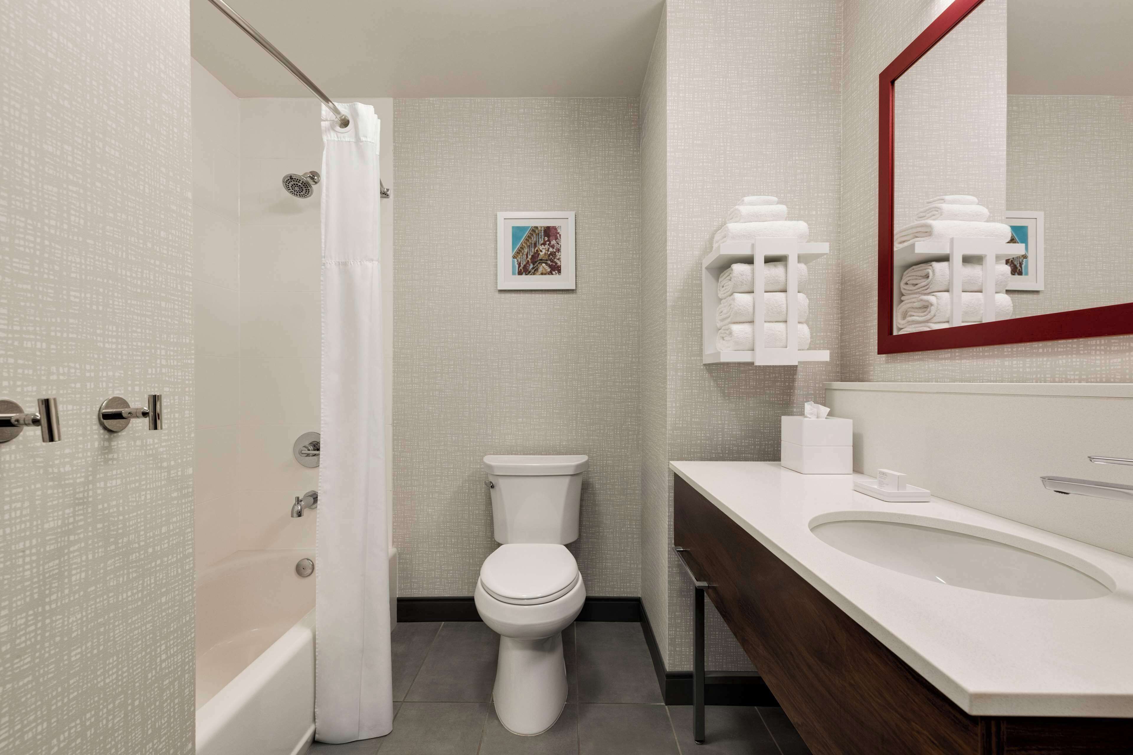 combined shower/bathtub, free toiletries, hair dryer, towels