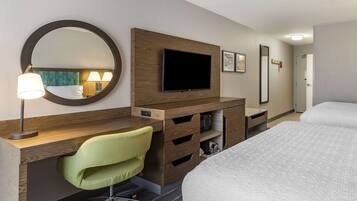 Habitación de hotel con cama, escritorio con silla, televisor, espejo y armario.
