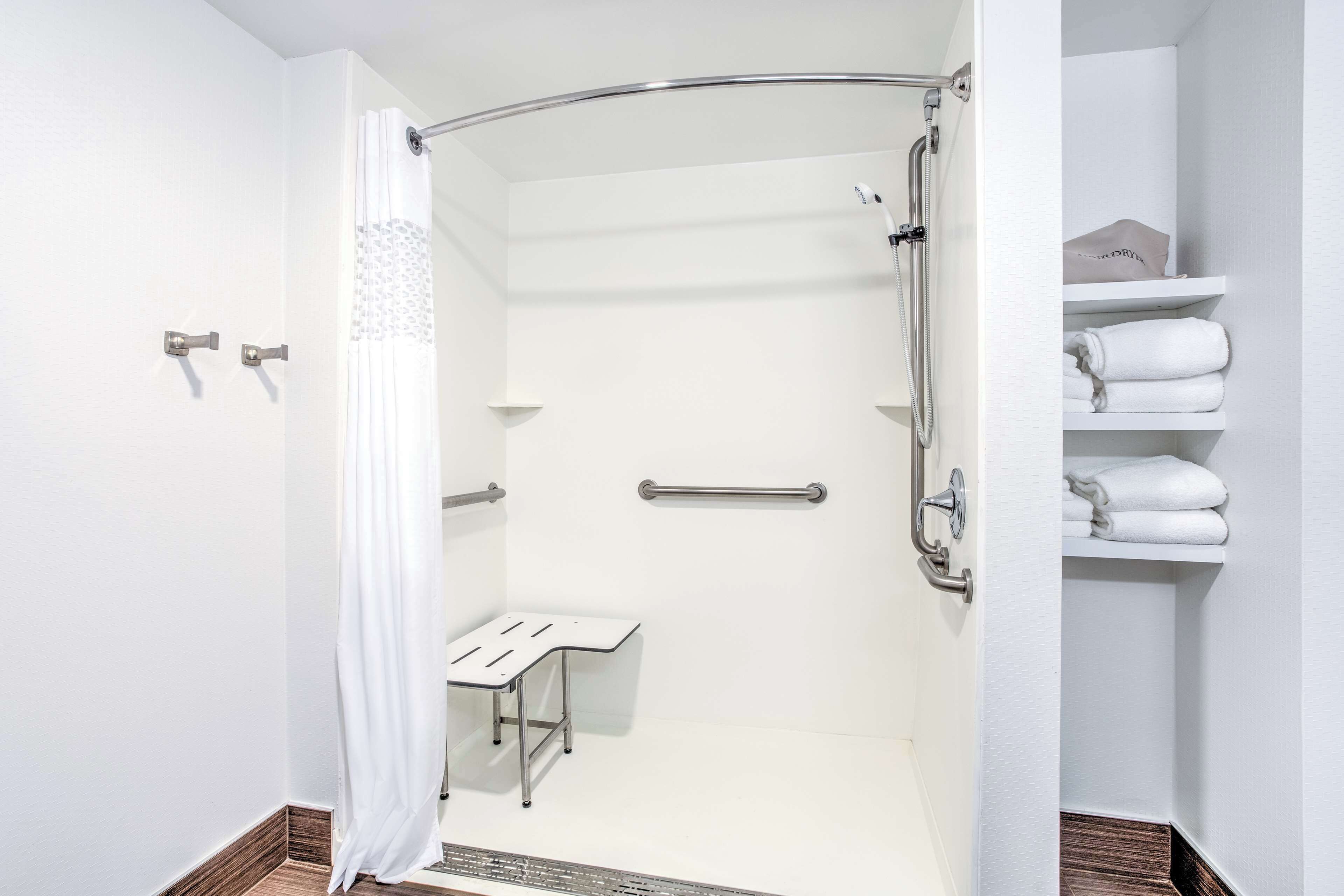 hydromassage showerhead, hair dryer, towels