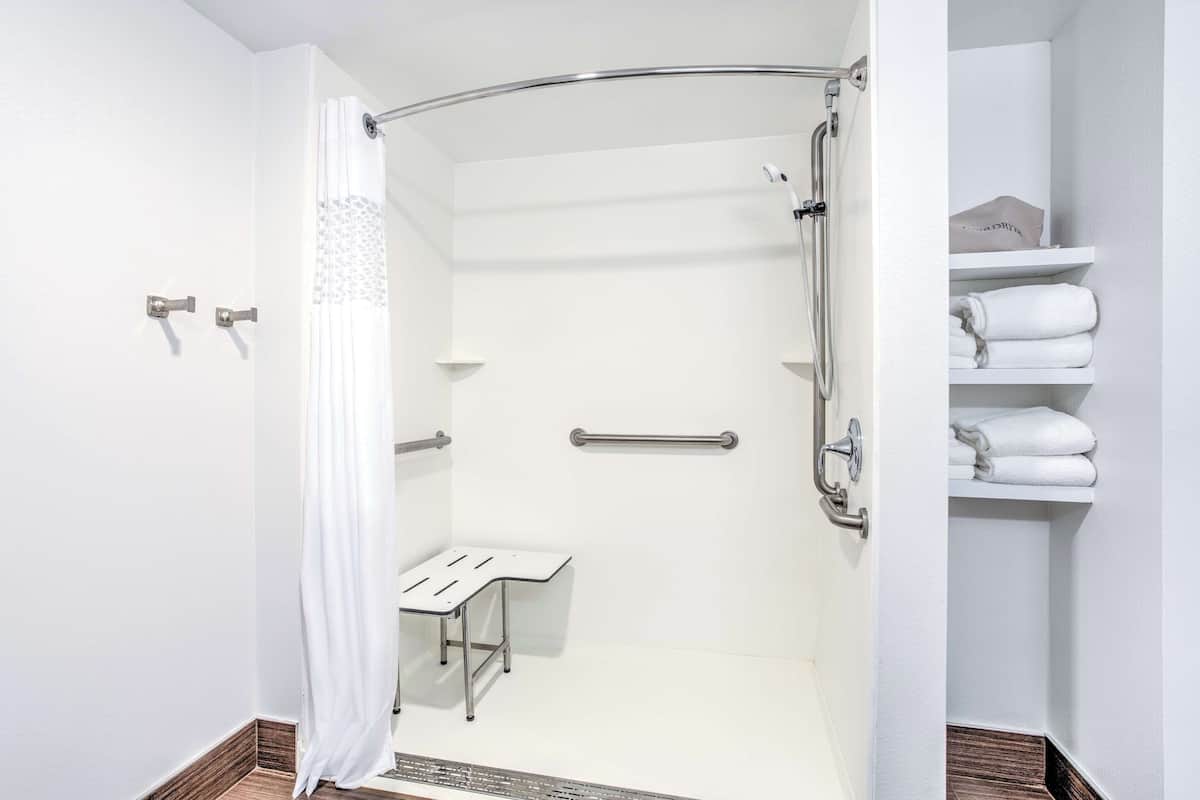 hydromassage showerhead, hair dryer, towels