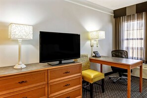 Premium bedding, desk, blackout drapes, iron/ironing board
