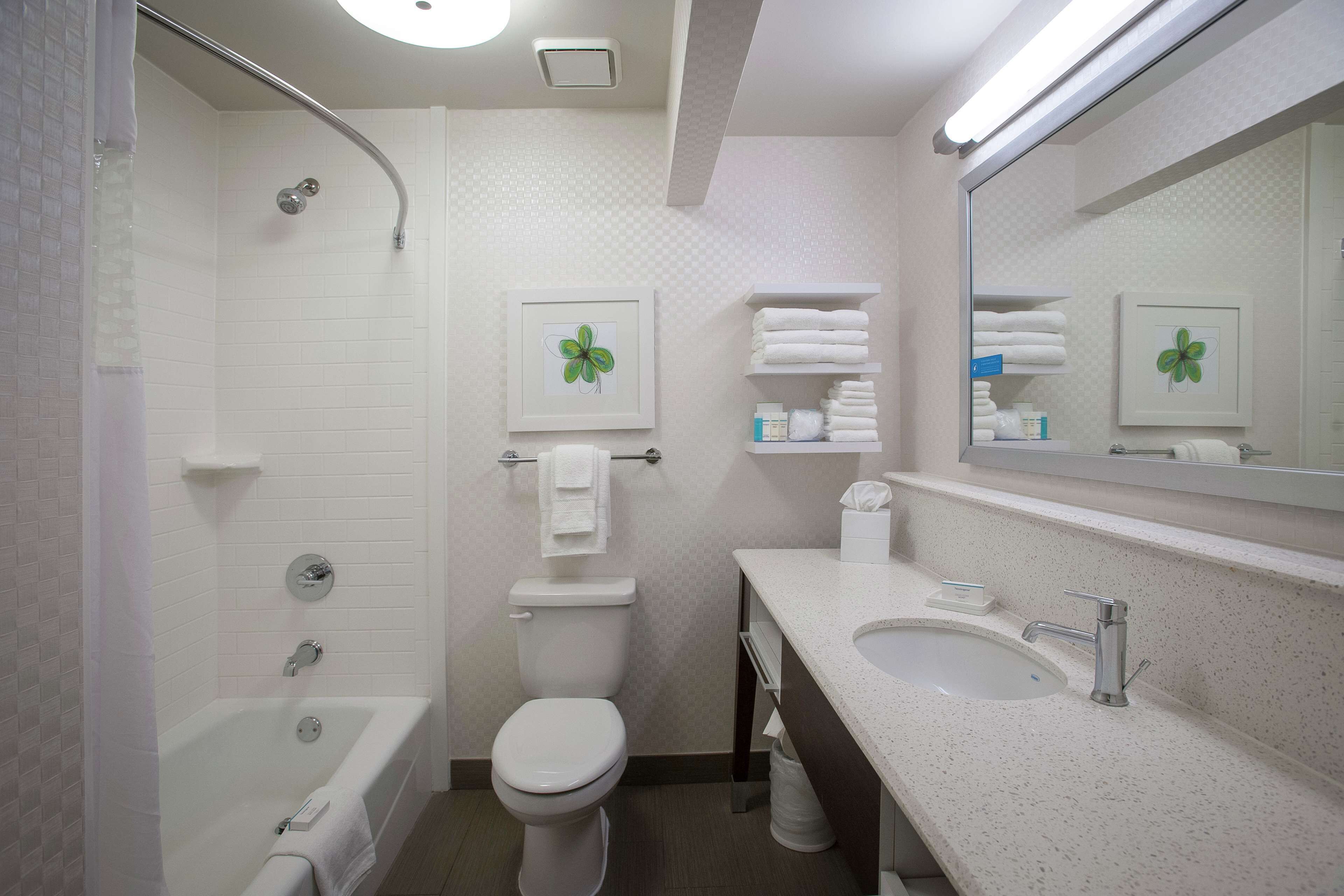 combined shower/bathtub, free toiletries, hair dryer, towels