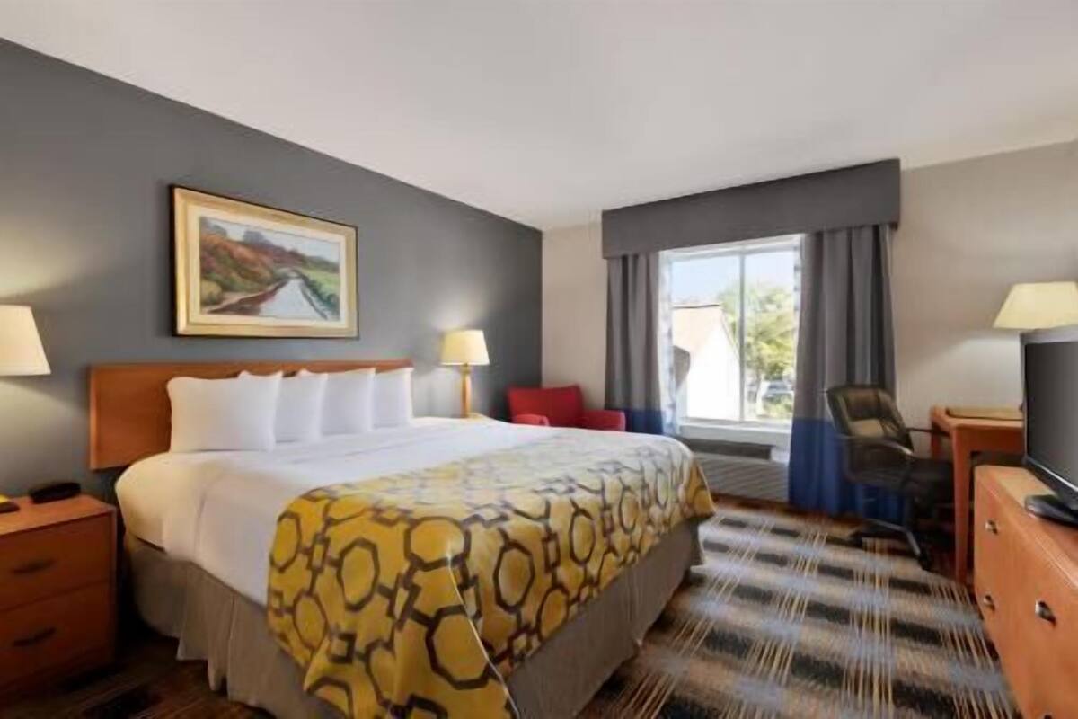 Habitación de hotel con cama, escritorio, silla, ventana y un cuadro en la pared.