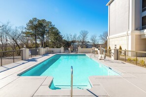 Seasonal outdoor pool, sun loungers