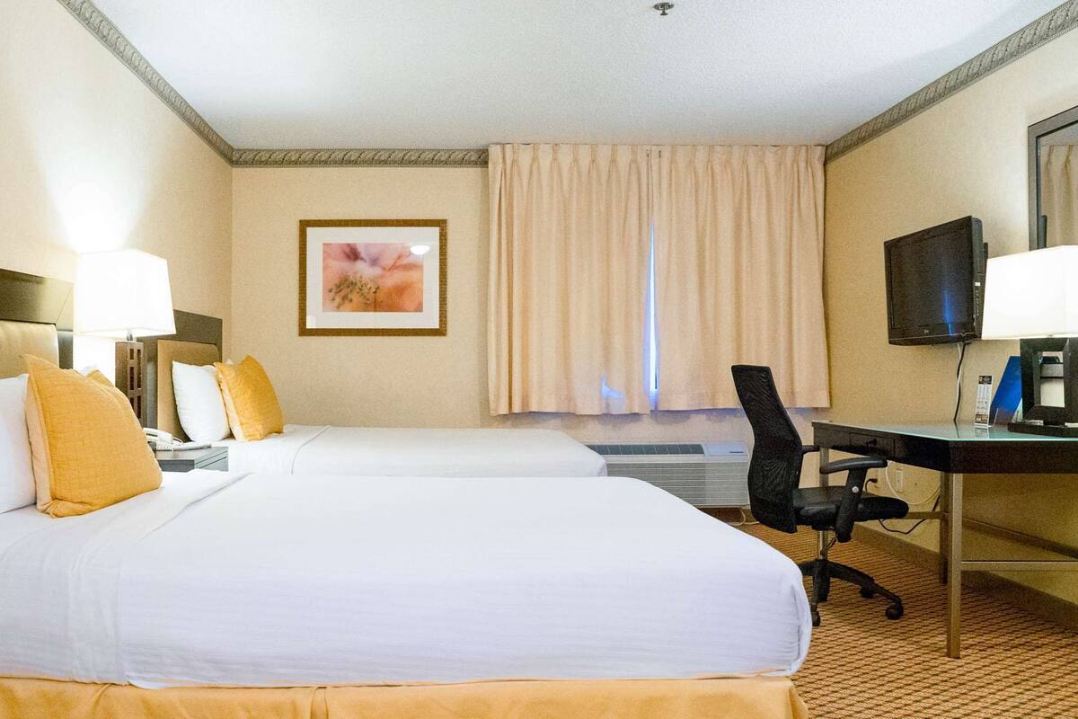 A hotel room with two beds, a desk, a chair, a television, and a framed picture on the wall.