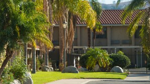 A building with a red-tiled roof, surrounded by palm trees and large rocks.