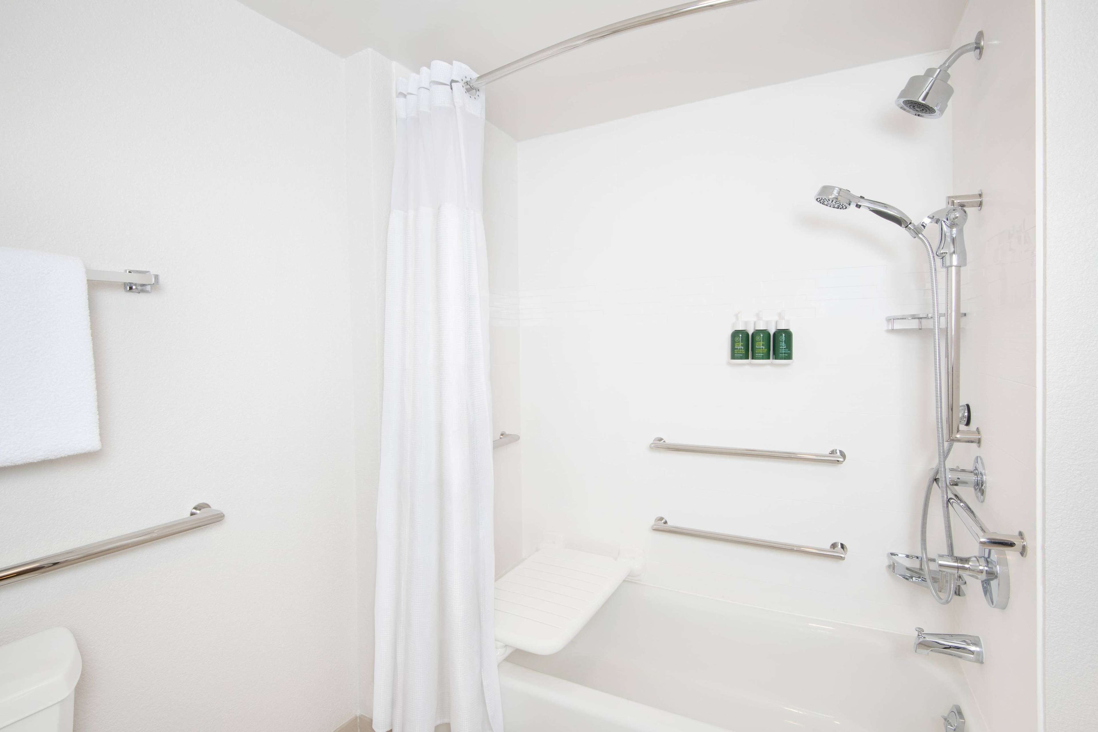 combined shower/bathtub, free toiletries, hair dryer, towels