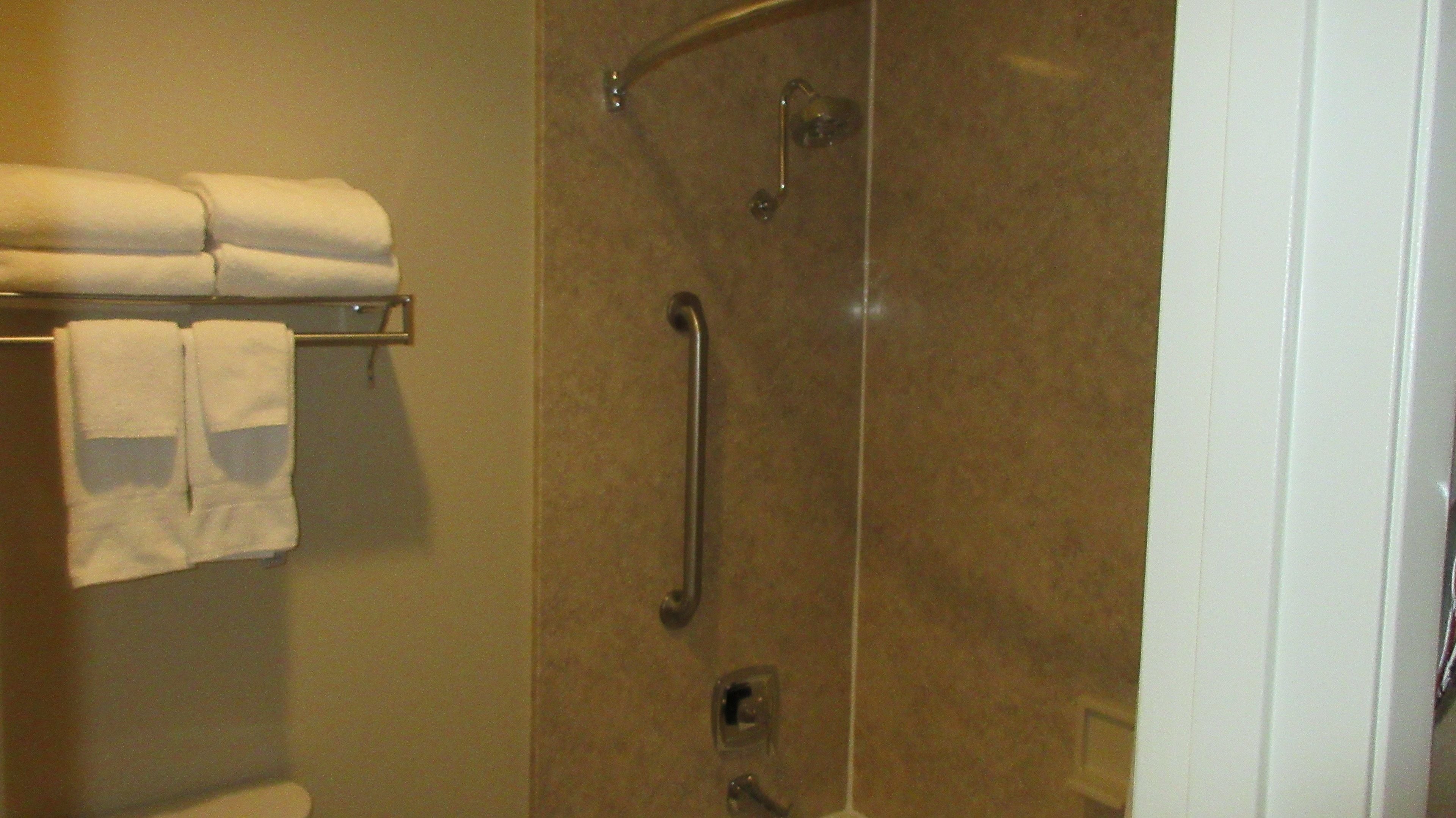 A bathroom with a shower, grab bars, and a towel rack with towels.