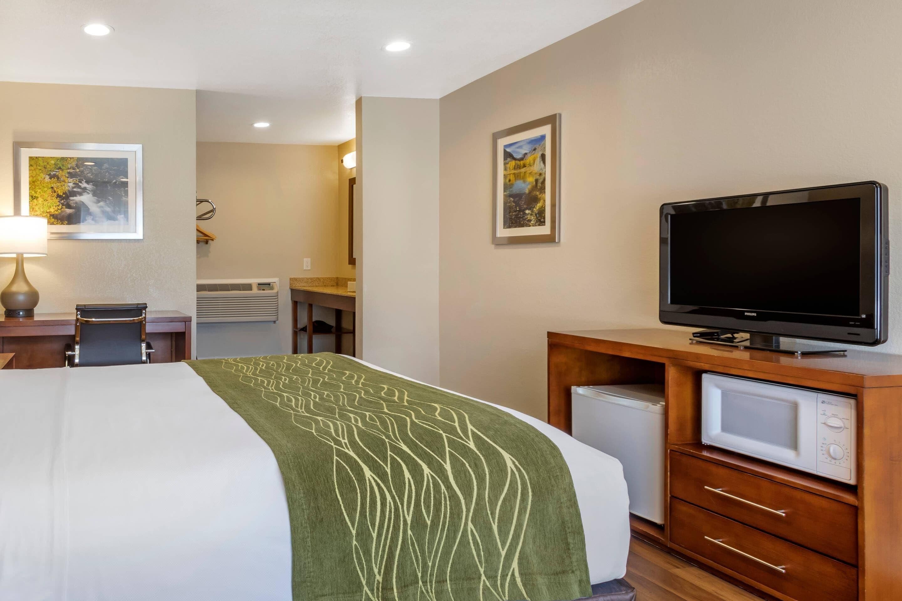 Een hotelkamer met een bed, een bureau, een televisie, een magnetron en een kleine koelkast.