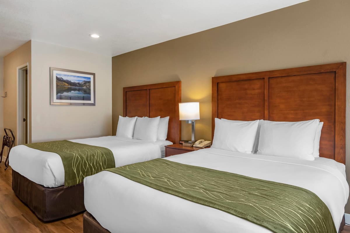 A hotel room with two beds, a nightstand with a lamp, a painting on the wall, and a wooden floor.