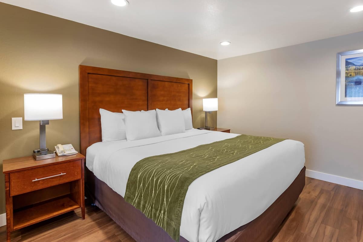 A hotel room with a large bed, wooden headboard, bedside lamps, a nightstand with a phone, and a framed picture on the wall.