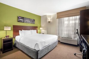 Premium bedding, desk, blackout drapes, iron/ironing board