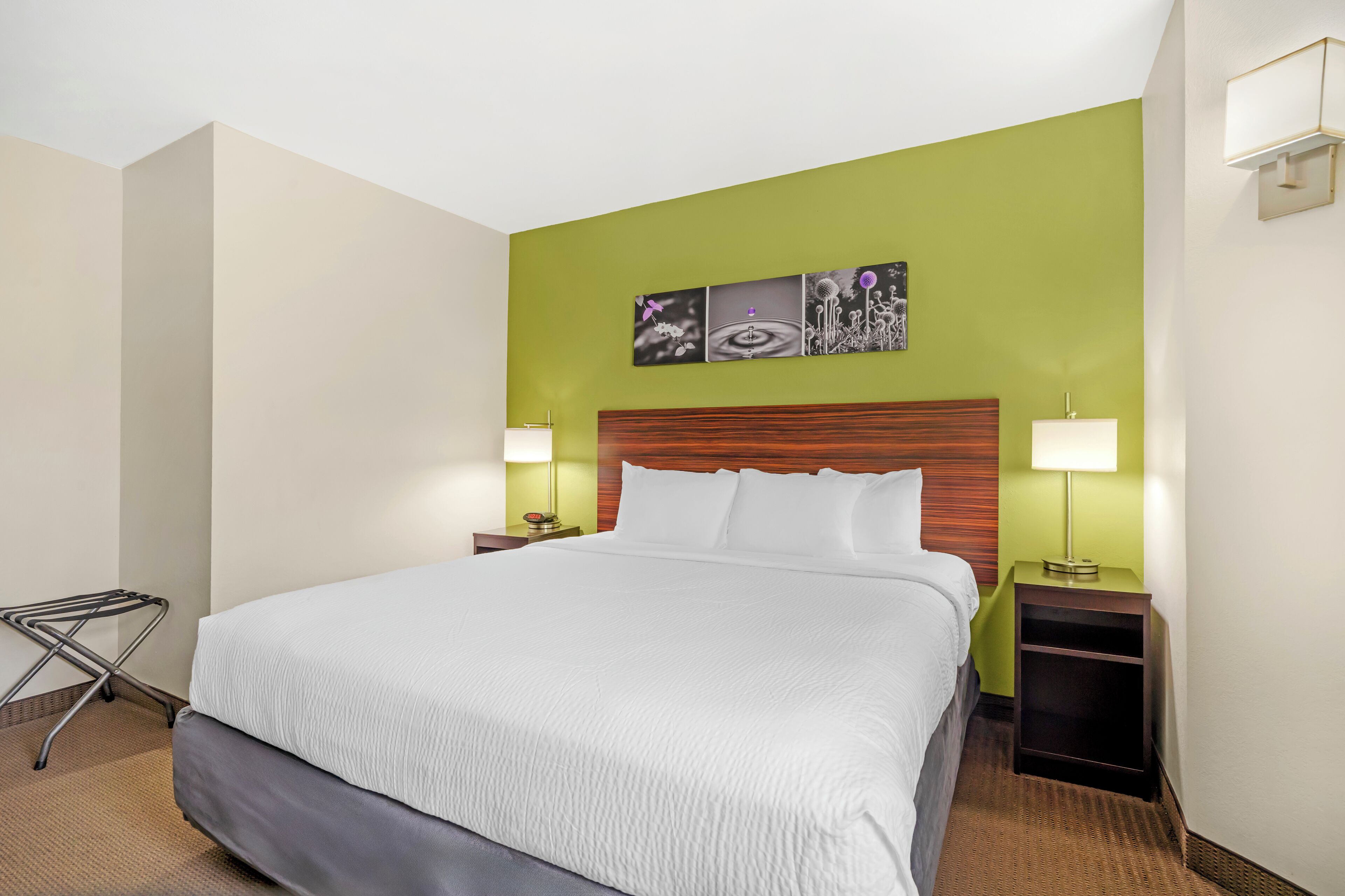 Premium bedding, desk, blackout drapes, iron/ironing board