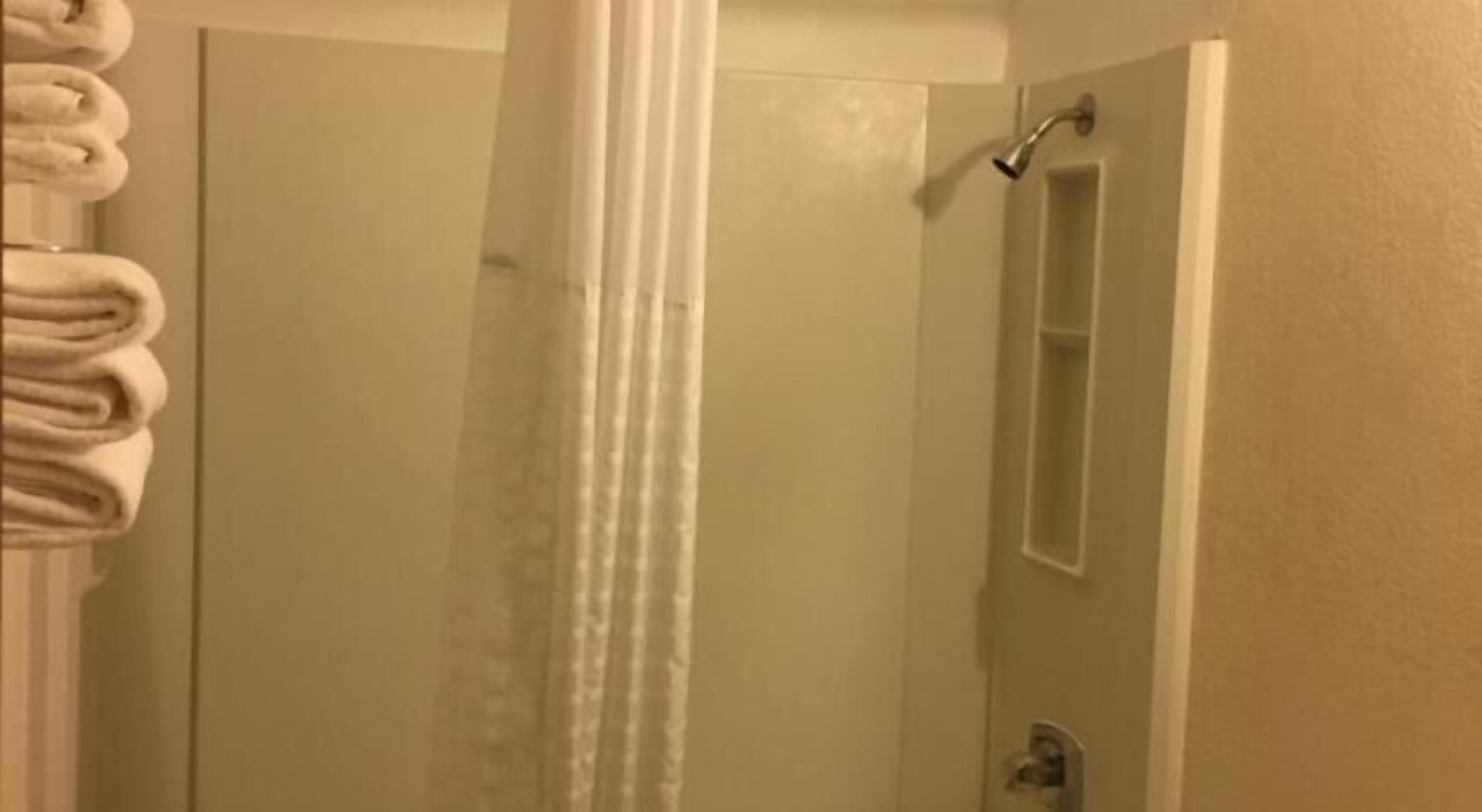 A bathroom with a shower, a mirror, and a towel rack.