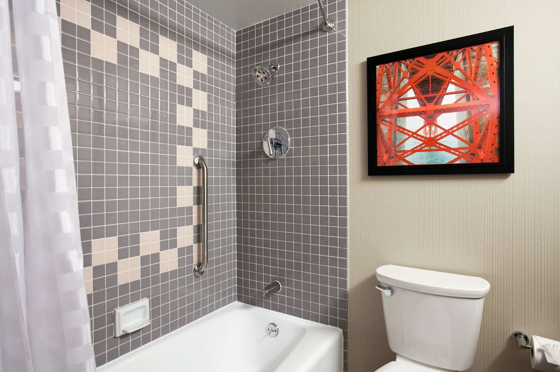 A bathroom with a white bathtub, a shower with a handheld showerhead, and a toilet. There is a framed picture on the wall.