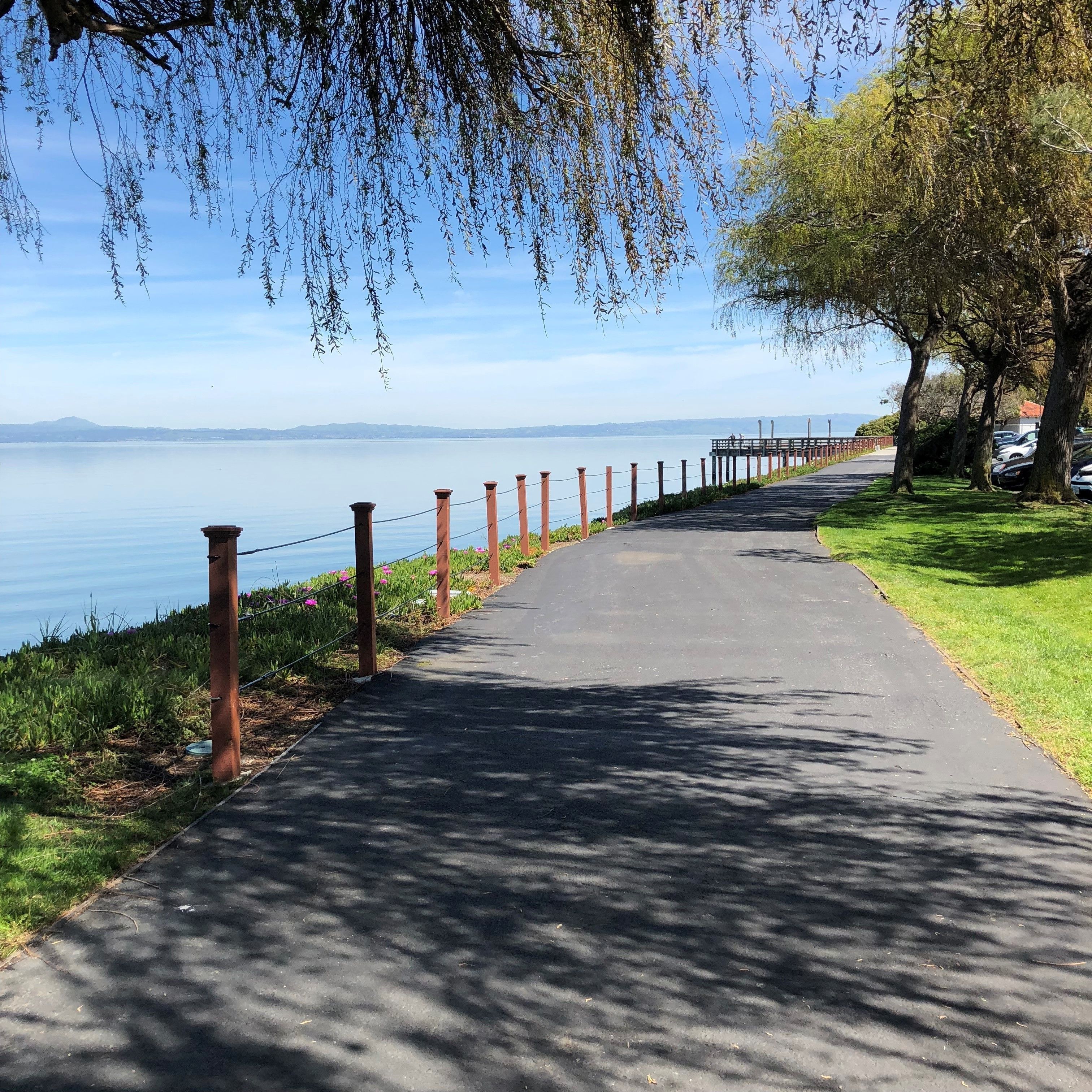 Un sendero pavimentado junto al agua, con una valla y árboles a un lado.