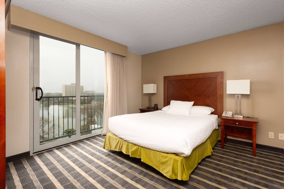 A hotel room with a large bed, a nightstand, a lamp, a sliding door to a balcony, and a city view.