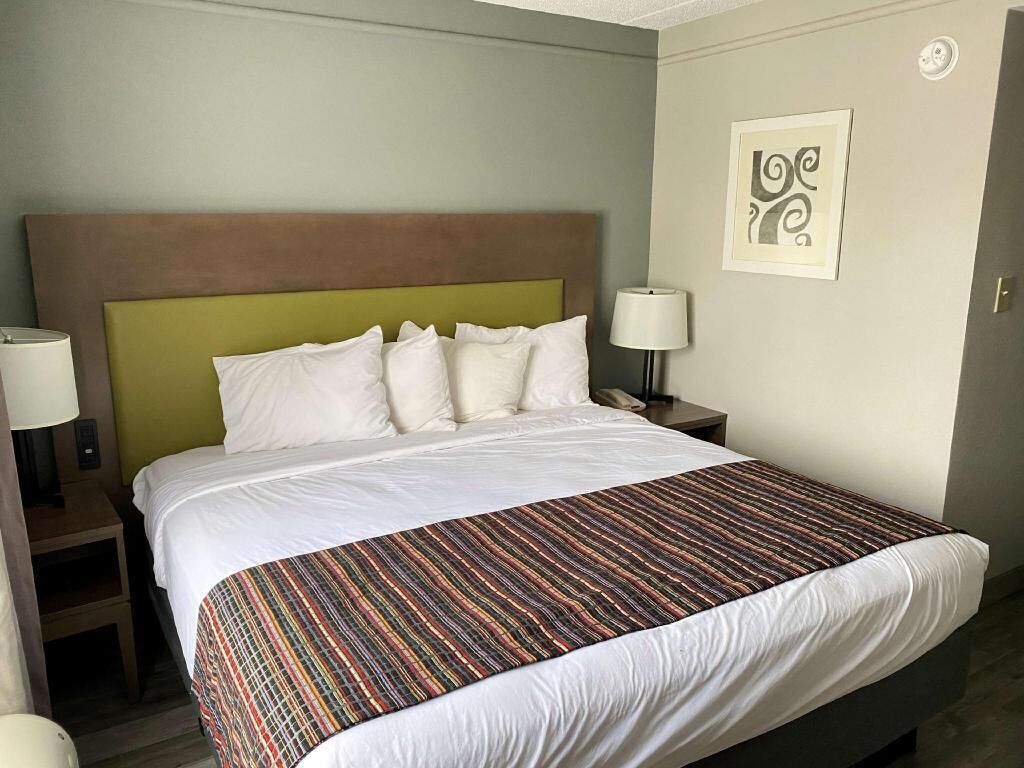 Premium bedding, desk, laptop workspace, blackout drapes