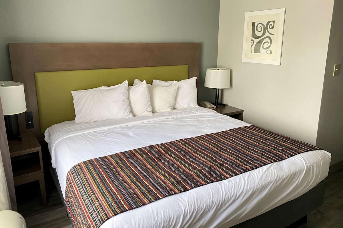 Premium bedding, desk, laptop workspace, blackout drapes