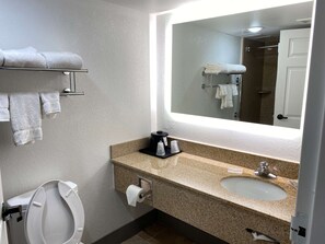 Shower, free toiletries, hair dryer, towels