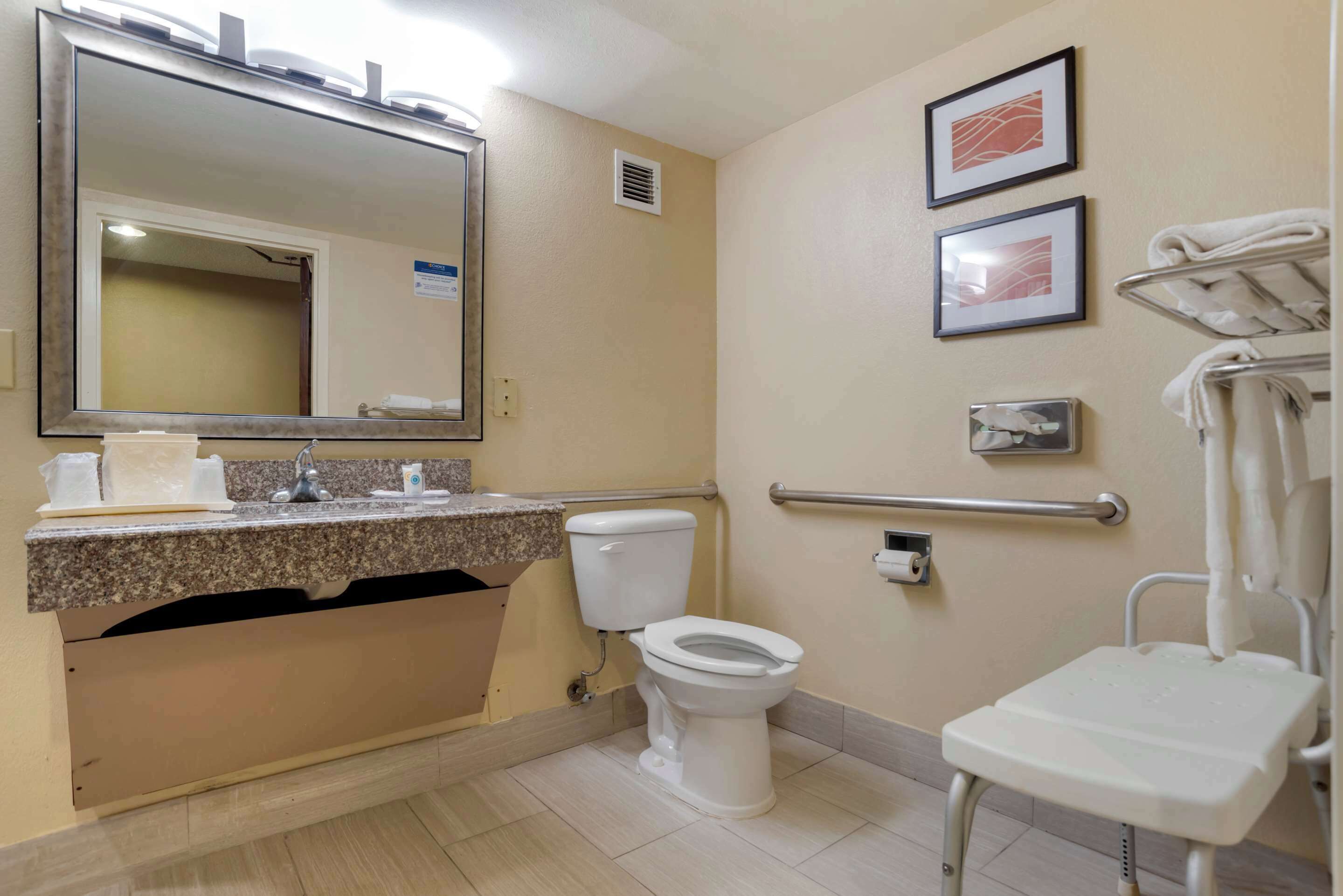 A bathroom with a toilet, sink, mirror, and handrails.