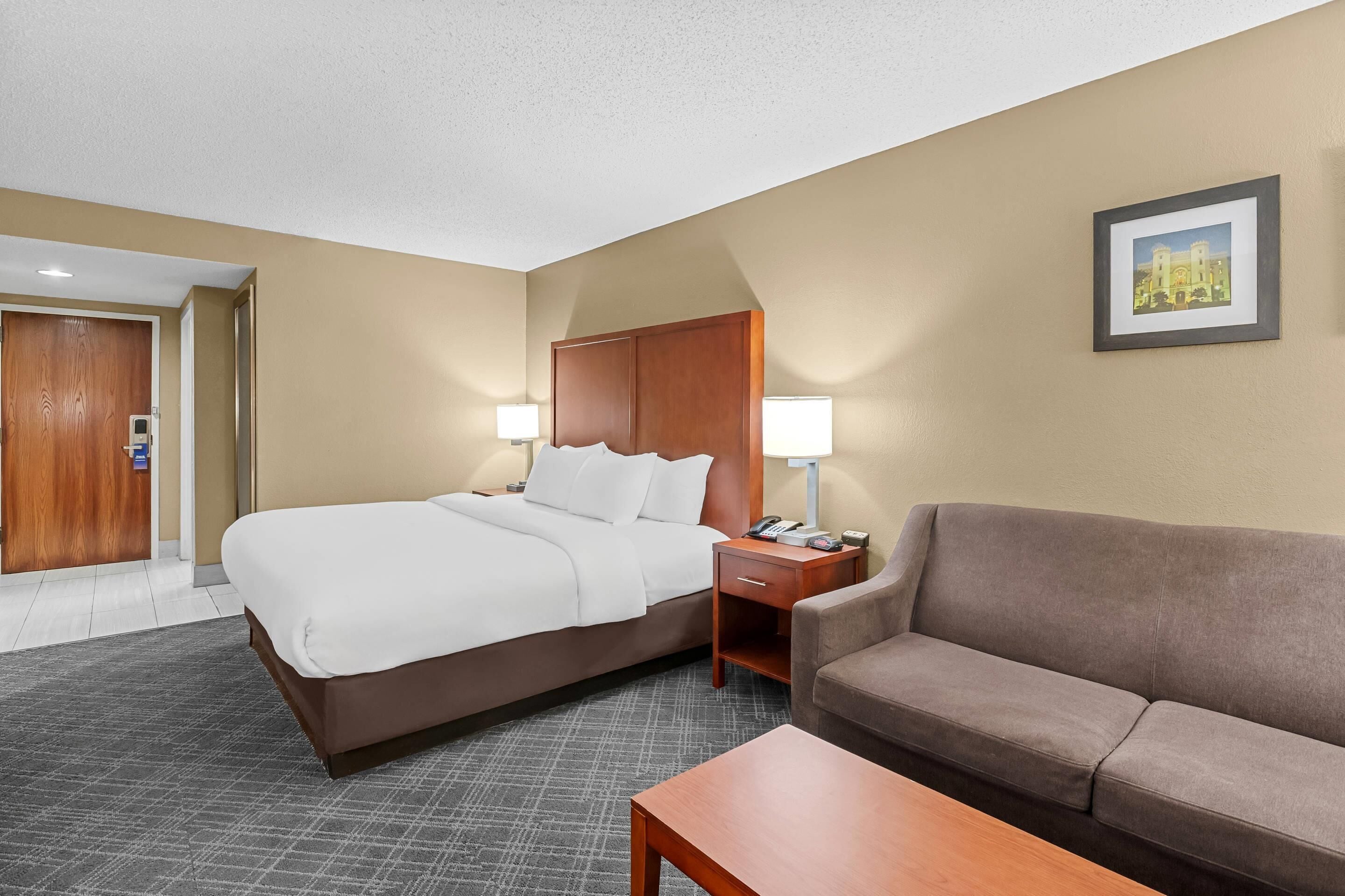 A hotel room with a large bed, a sofa, a nightstand with a lamp, and a framed picture on the wall.