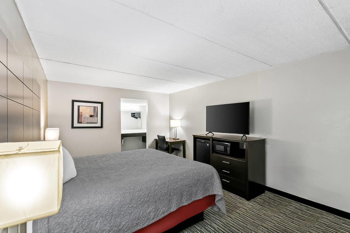 A hotel room with a bed, a desk with a lamp, a television, and a microwave.