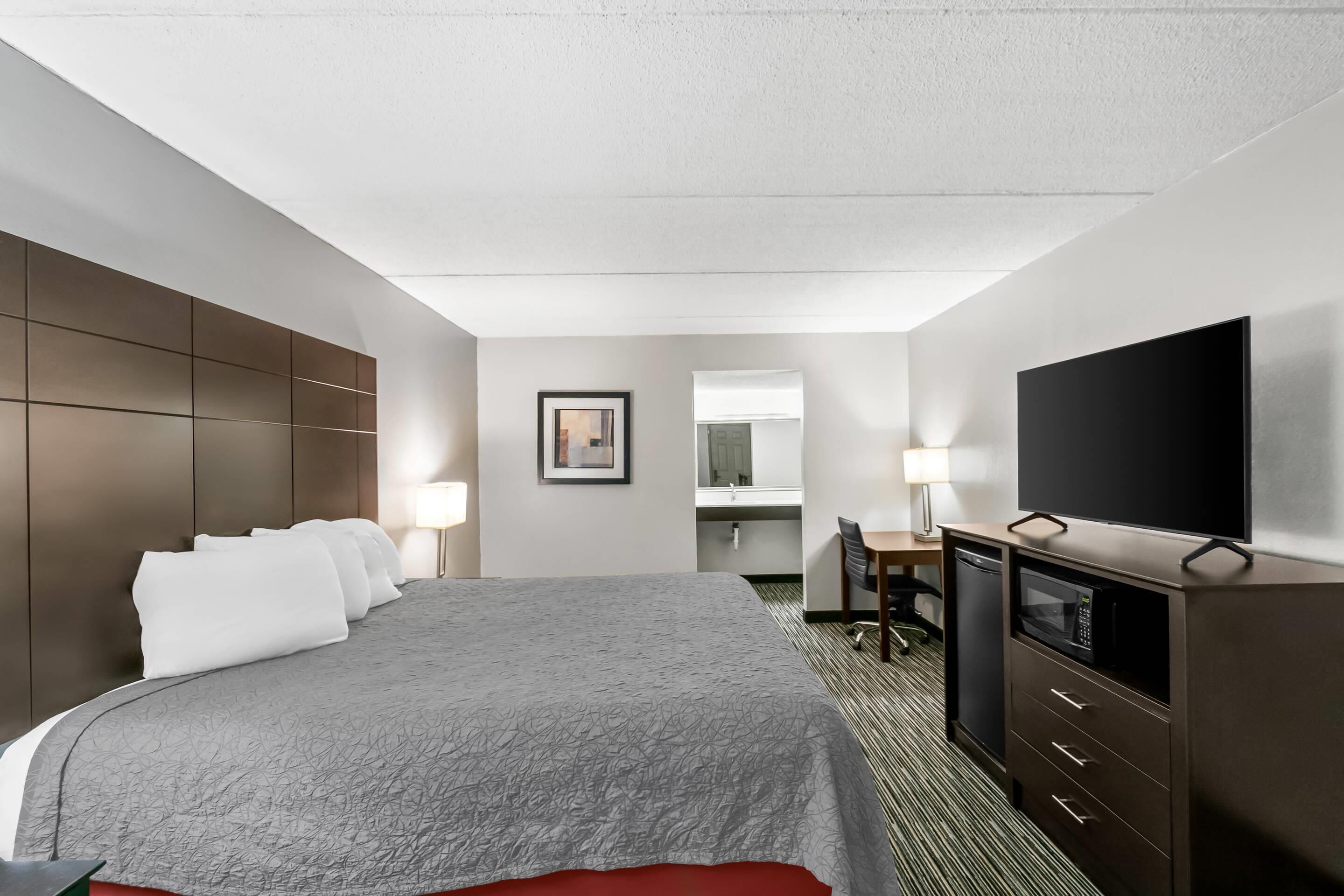 Habitación de hotel con una cama grande, un escritorio con una silla, televisión y microondas.
