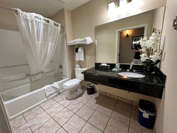 Une salle de bain avec une baignoire, des toilettes, un lavabo et un grand miroir.