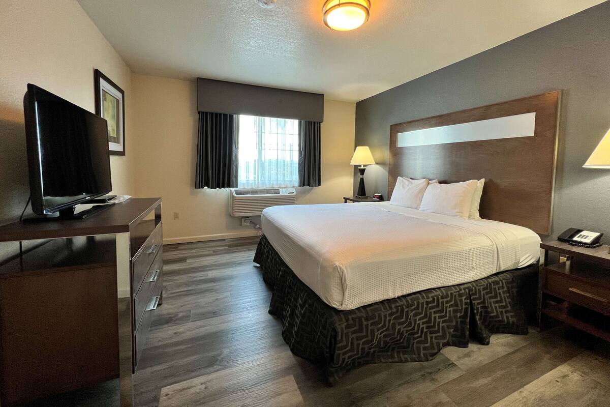 A hotel room with a bed, a desk with a TV, a window with curtains, a wall-mounted heater, and a nightstand with a lamp and phone.