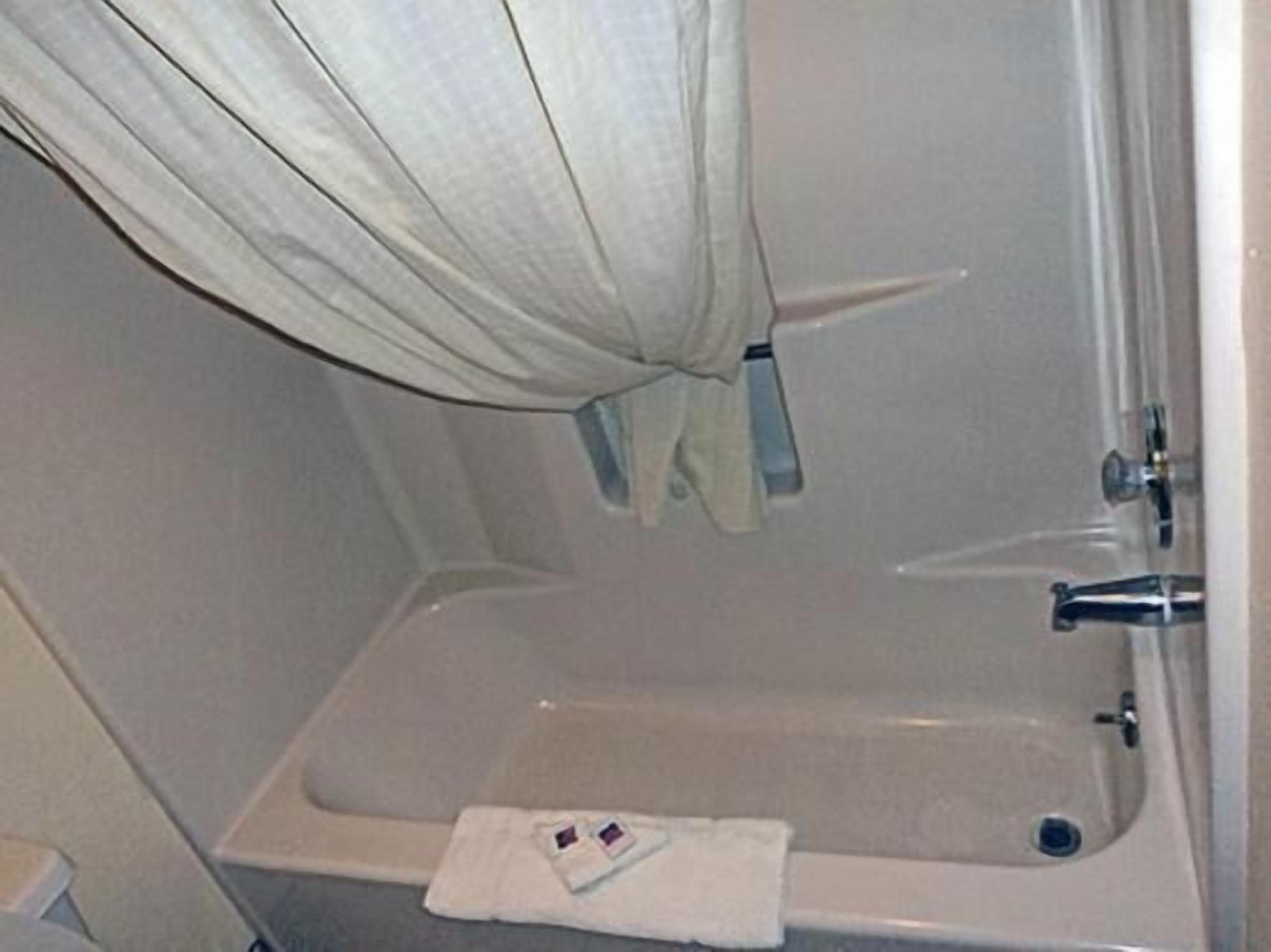 Une salle de bain avec une baignoire, une serviette et un rideau de douche.