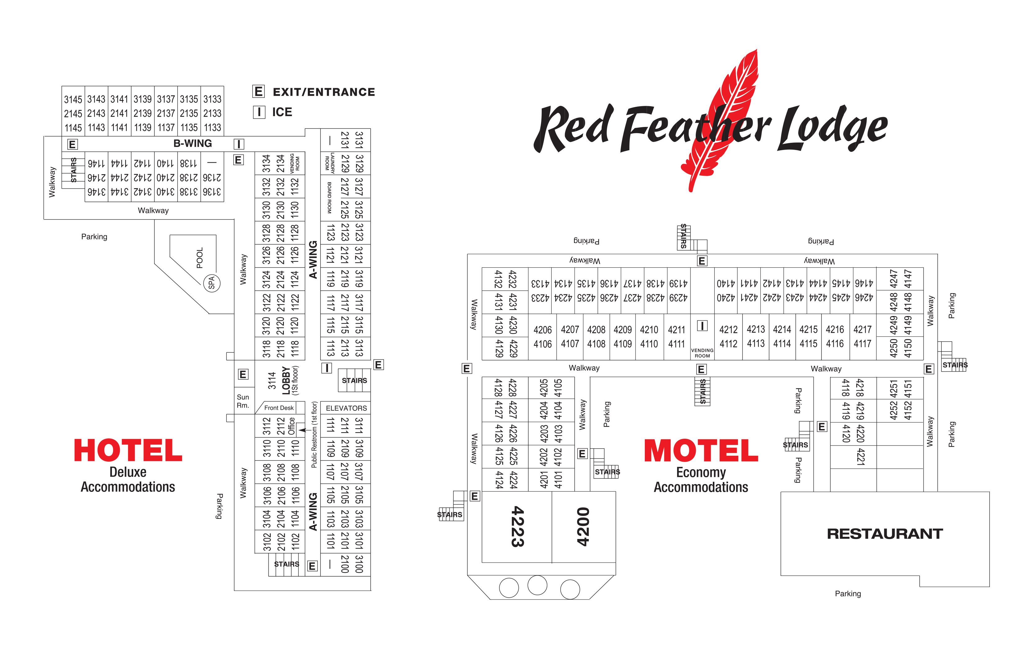 Ein Grundriss des Red Feather Lodge mit Bereichen für Hotel-Luxusunterkünfte, Motel-Standardunterkünfte und einem Restaurant.