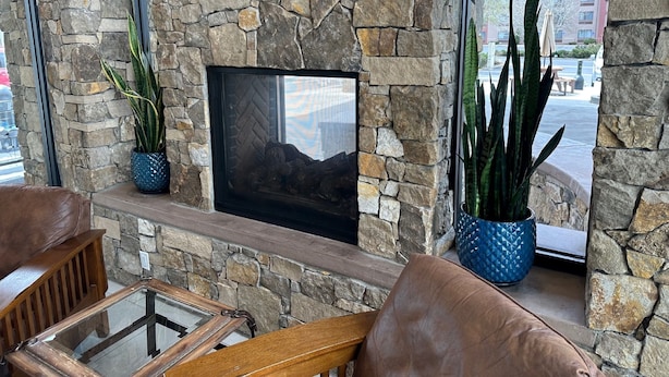 A stone fireplace with a flat-screen TV, surrounded by stone walls and potted plants.