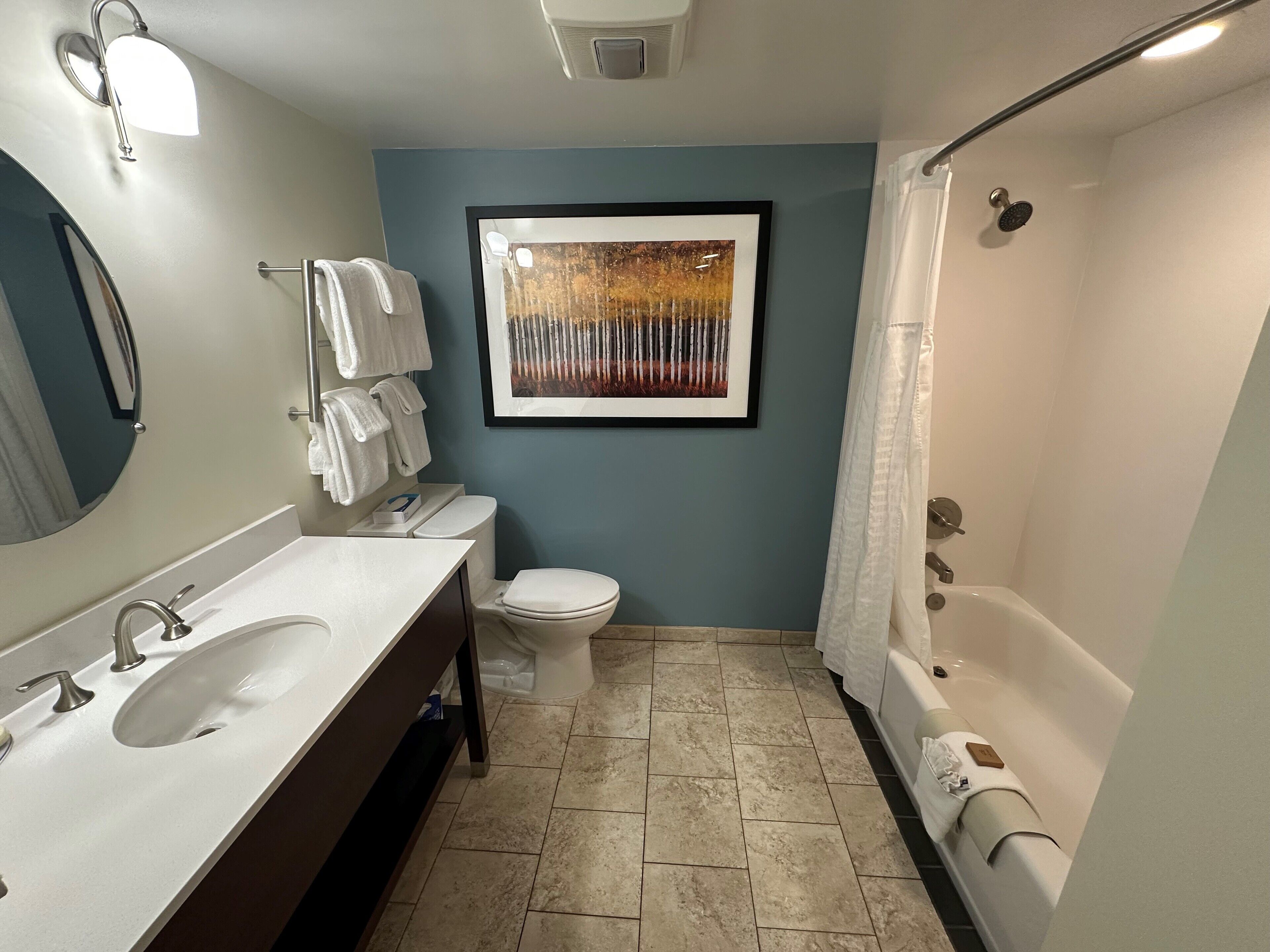 A modern bathroom with a double sink, toilet, and bathtub. There is a framed artwork on the wall and a towel rack with towels.