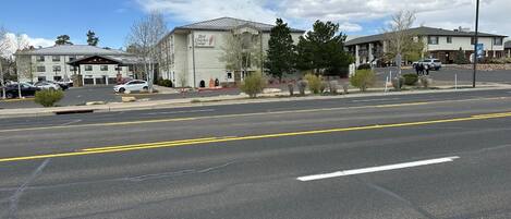 A building with a sign reading "Red Feather Lodge."