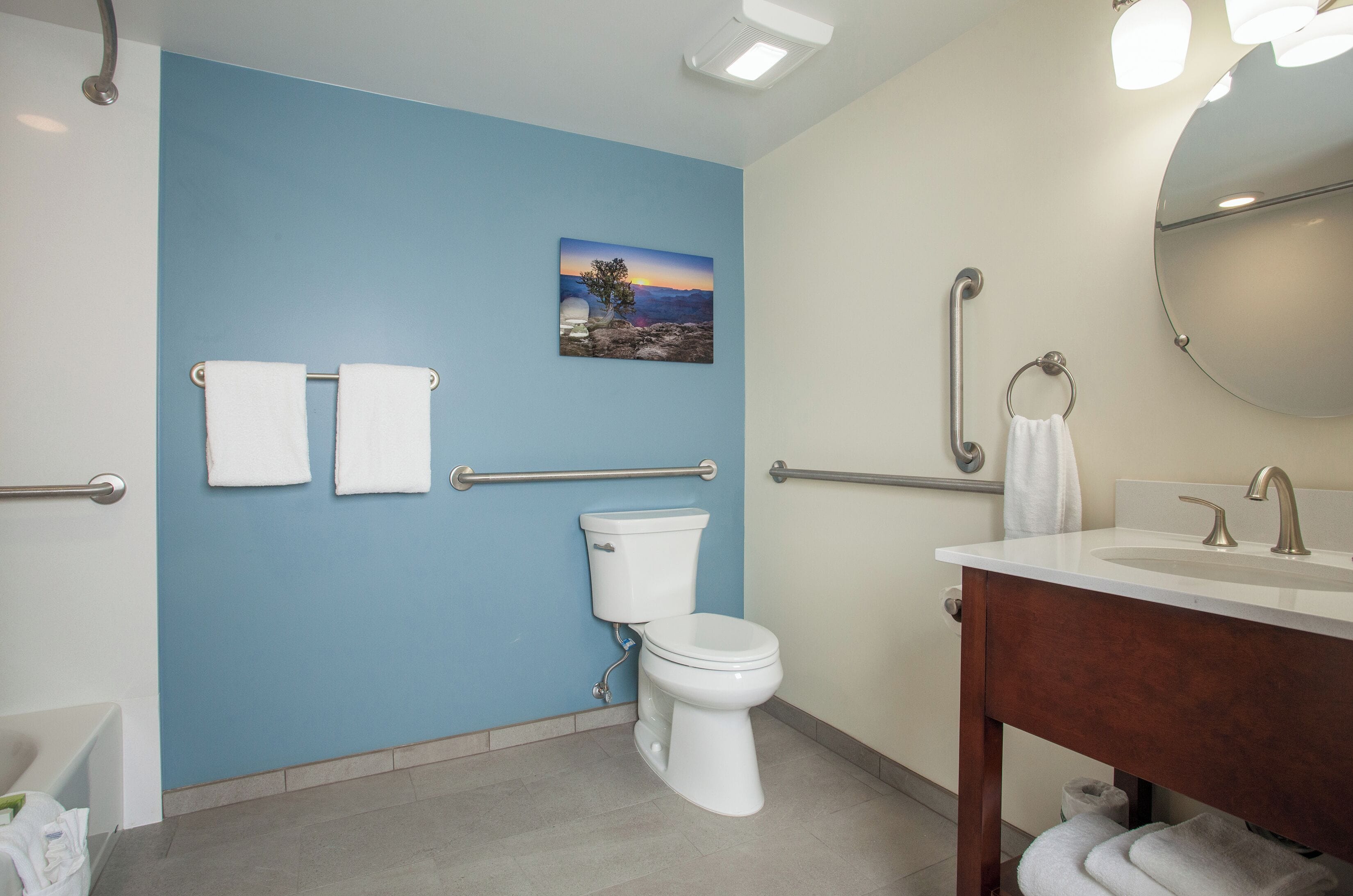 A bathroom with a blue wall, a white toilet, a sink with a mirror, and two handrails.