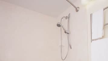 Une salle de bain avec douche, toilettes et porte-serviettes.
