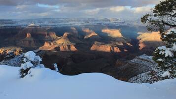 A snow-covered landscape with a canyon view.
